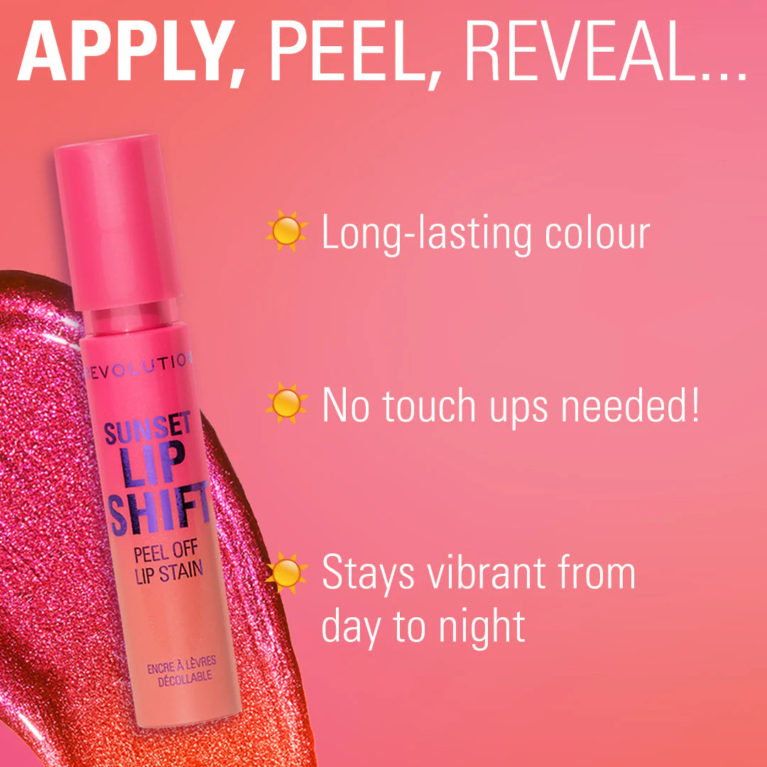 Revolution Sunset Lip Shift Peel Off Lip Stain - Flushed Pink 4pc Set + 1 Full Size Product Worth 25% Value Free