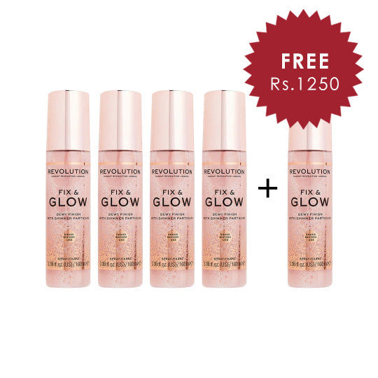Makeup Revolution Fix & Glow Fixing Spray 4pc Set + 1 Full Size Product Worth 25% Value Free