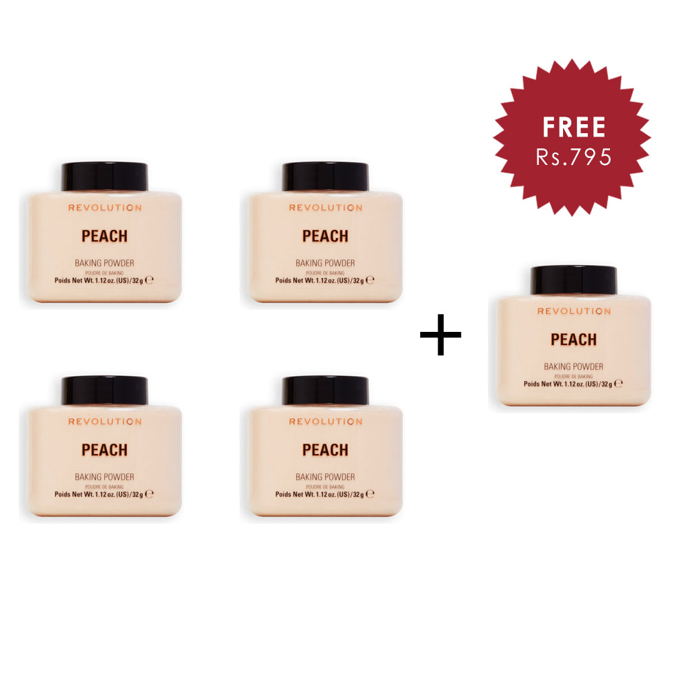 Makeup Revolution Loose Baking Powder Peach 4pc Set + 1 Full Size Product Worth 25% Value Free