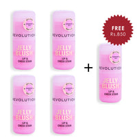 Revolution Jelly Blush Stick Lip and Cheek Stain Strawberry Pink 4pc Set + 1 Full Size Product Worth 25% Value Free