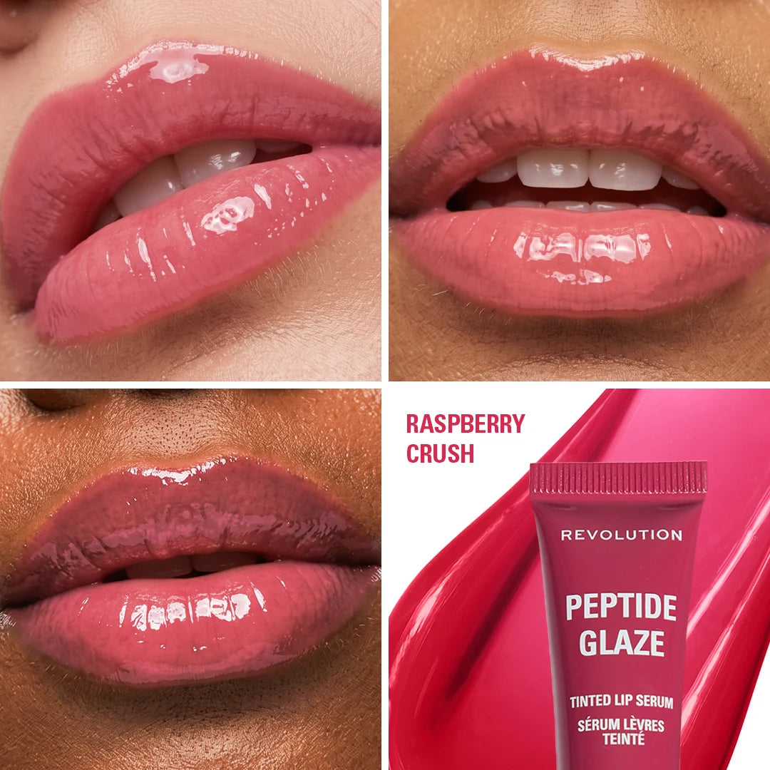 Revolution Peptide Glaze Tinted Lip Serum Raspberry Crush 4pc Set + 1 Full Size Product Worth 25% Value Free