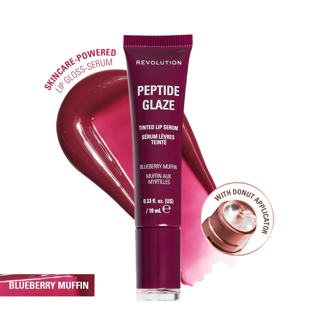 Revolution Peptide Glaze Tinted Lip Serum Blueberry Muffin 4pc Set + 1 Full Size Product Worth 25% Value Free