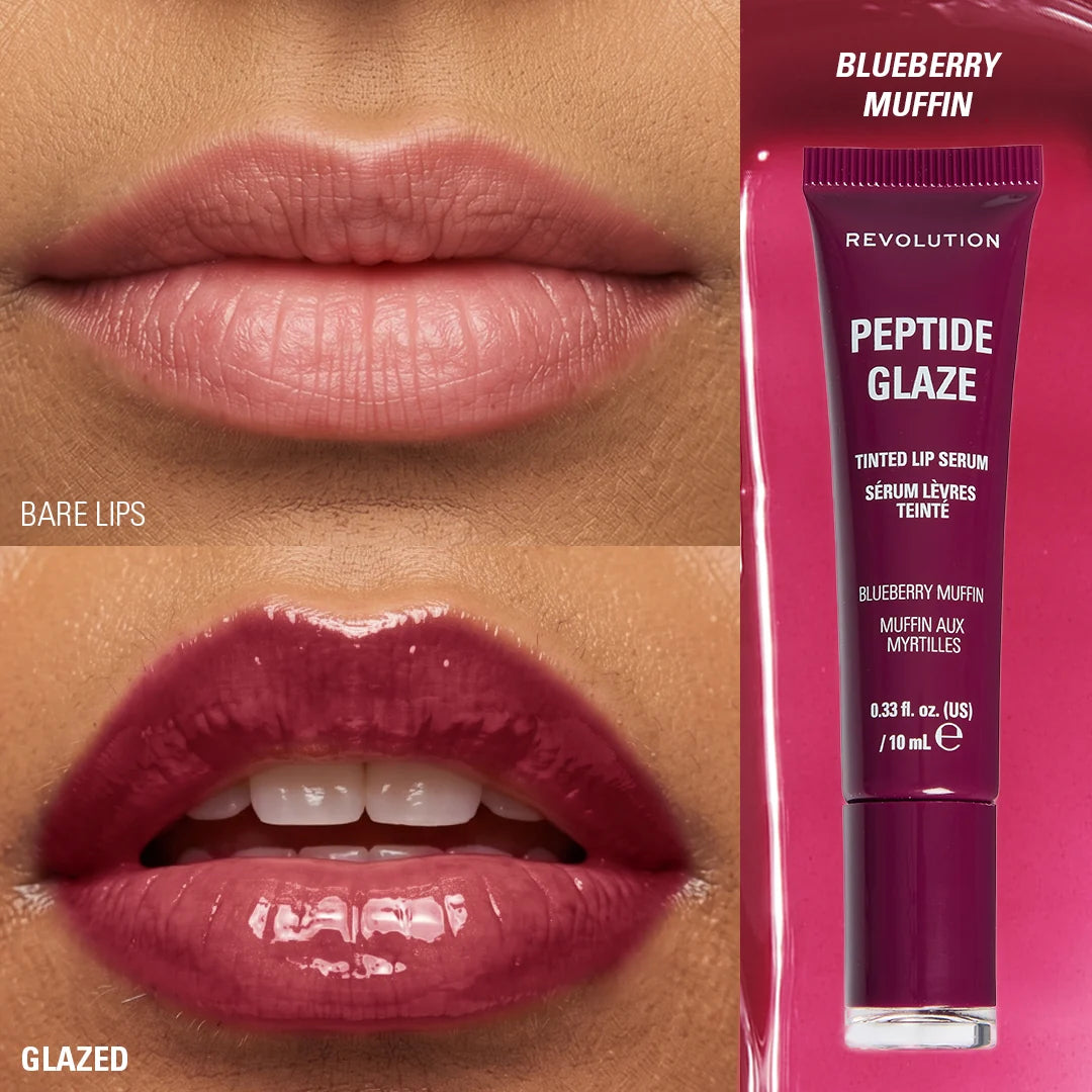 Revolution Peptide Glaze Tinted Lip Serum Blueberry Muffin 4pc Set + 1 Full Size Product Worth 25% Value Free