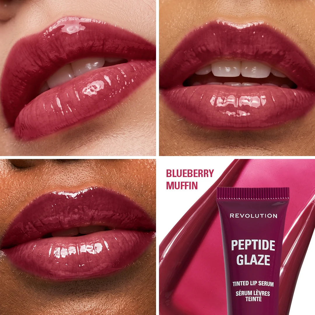 Revolution Peptide Glaze Tinted Lip Serum Blueberry Muffin 4pc Set + 1 Full Size Product Worth 25% Value Free