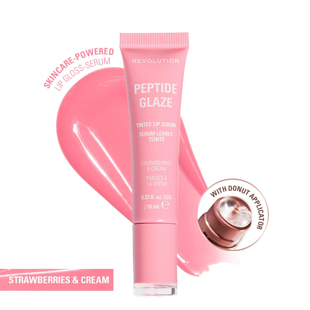 Revolution Peptide Glaze Tinted Lip Serum Strawberries & Cream 4pc Set + 1 Full Size Product Worth 25% Value Free