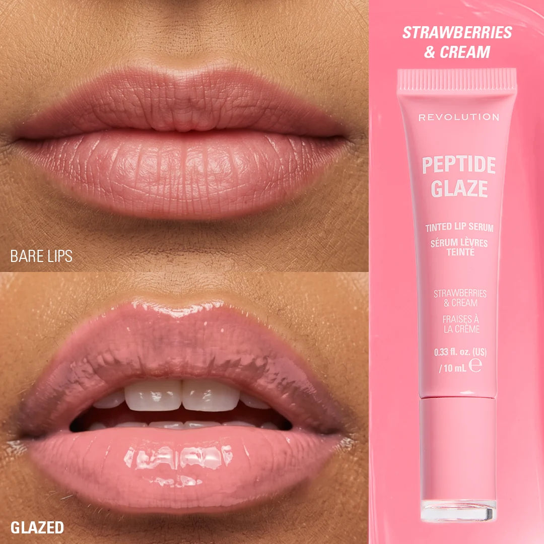 Revolution Peptide Glaze Tinted Lip Serum Strawberries & Cream 4pc Set + 1 Full Size Product Worth 25% Value Free