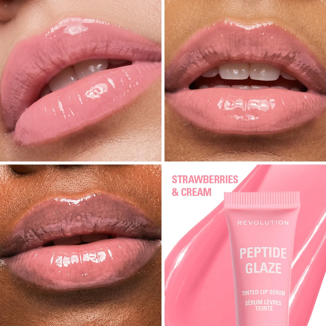 Revolution Peptide Glaze Tinted Lip Serum Strawberries & Cream 4pc Set + 1 Full Size Product Worth 25% Value Free