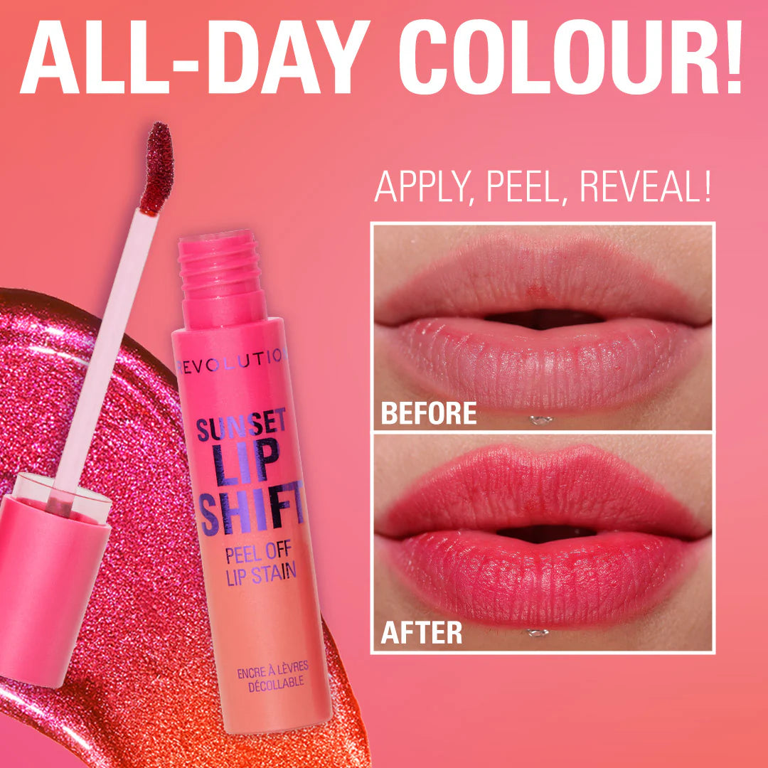Revolution Sunset Lip Shift Peel Off Lip Stain - Flushed Pink 4pc Set + 1 Full Size Product Worth 25% Value Free
