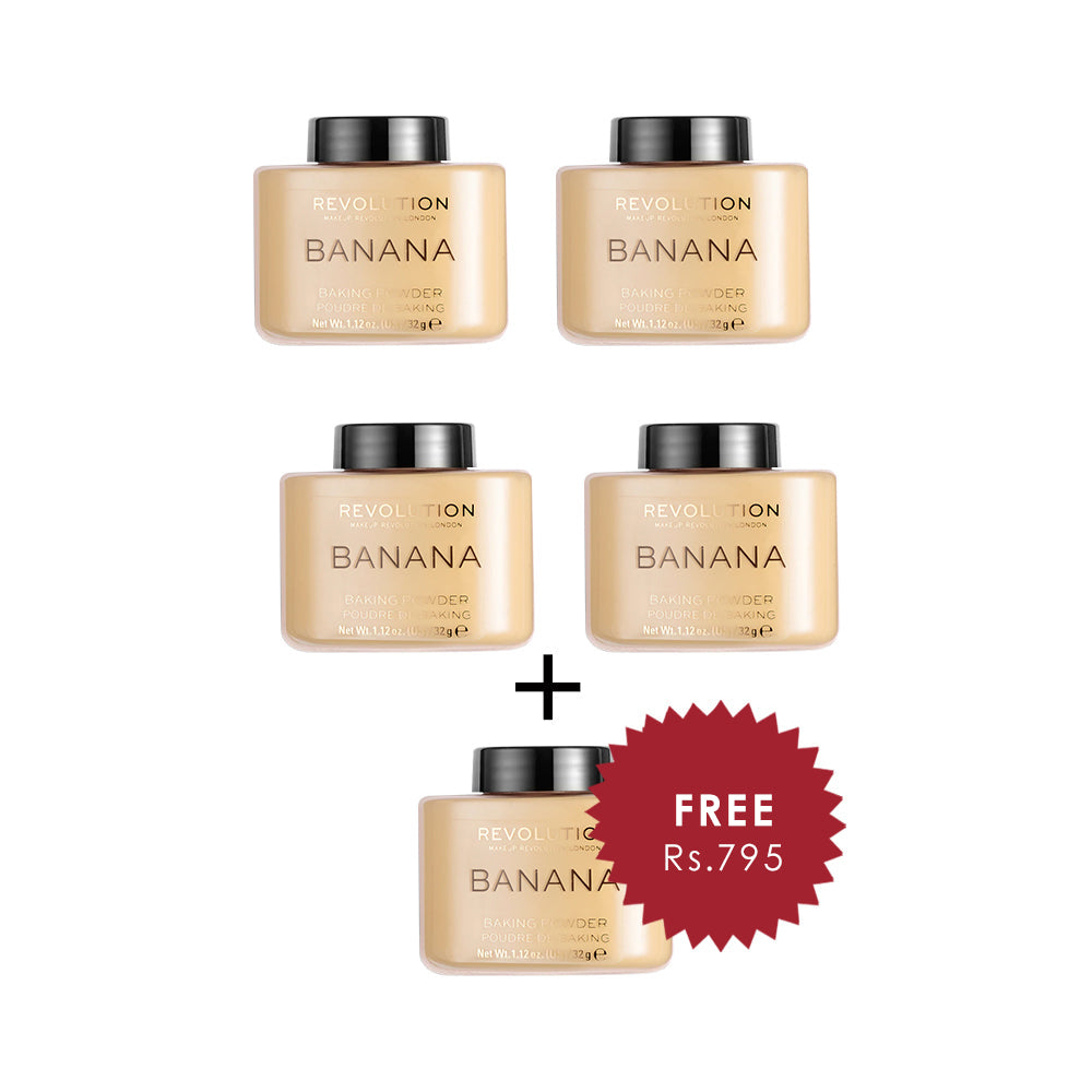 Makeup Revolution Loose Baking Powder - Banana 4pc Set + 1 Full Size Product Worth 25% Value Free