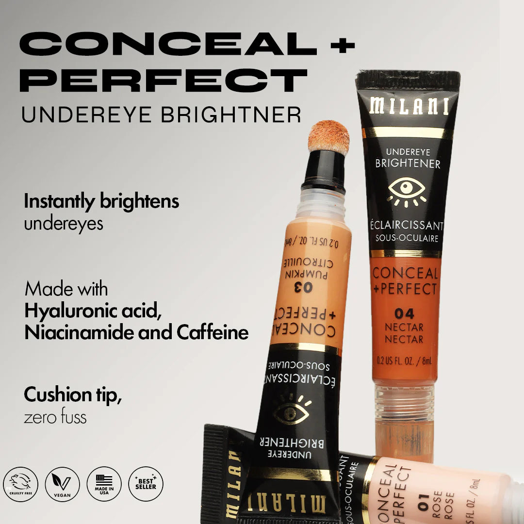 Milani Conceal + Perfect Undereye Brightener-01 Rose 4pc Set + 1 Full Size Product Worth 25% Value Free