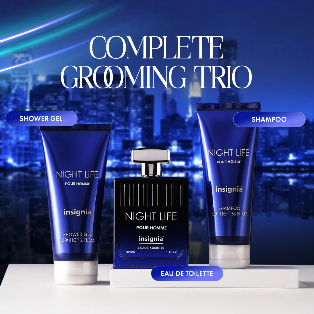 Insignia Night Life Exclusive Collection 3-Piece Gift Set – Eau De Toilette, Shower Gel & Shampoo 100ml Each 4pc Set + 1 Full Size Product Worth 25% Value Free
