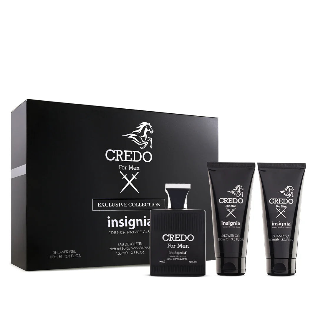 Insignia Credo For Men Exclusive Collection 3-Piece Gift Set – Eau De Toilette, Shower Gel & Shampoo 100ml Each 4pc Set + 1 Full Size Product Worth 25% Value Free