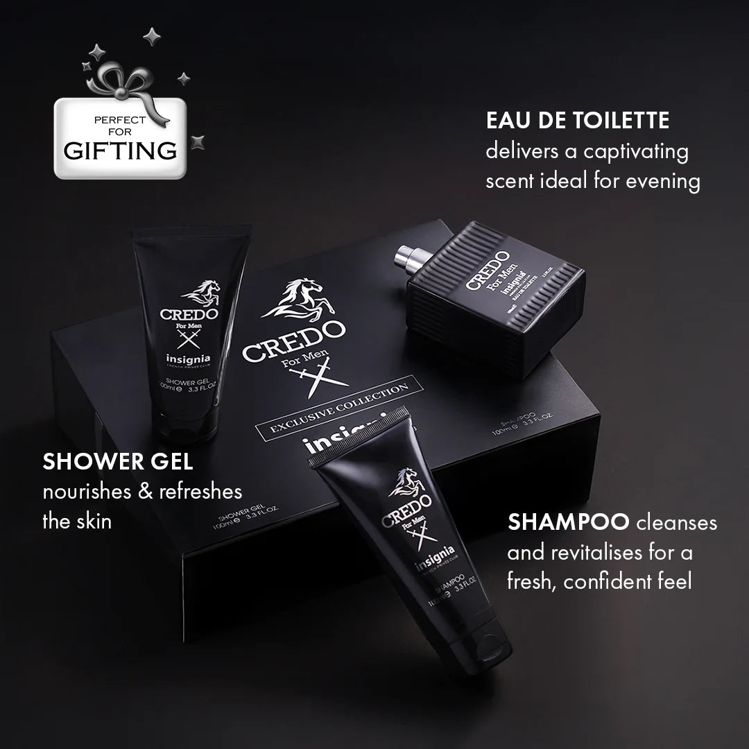 Insignia Credo For Men Exclusive Collection 3-Piece Gift Set – Eau De Toilette, Shower Gel & Shampoo 100ml Each 4pc Set + 1 Full Size Product Worth 25% Value Free