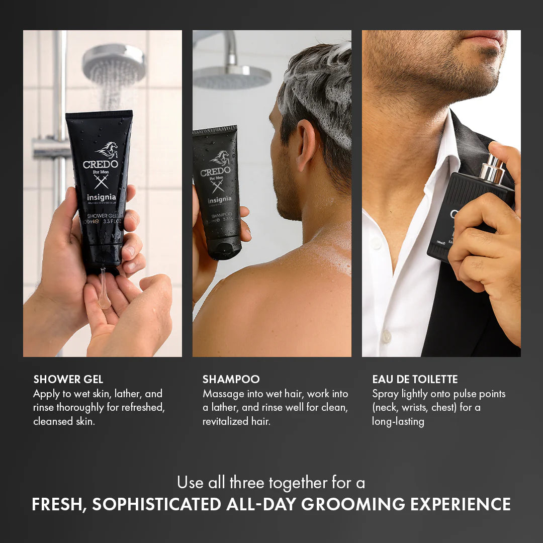 Insignia Credo For Men Exclusive Collection 3-Piece Gift Set – Eau De Toilette, Shower Gel & Shampoo 100ml Each 4pc Set + 1 Full Size Product Worth 25% Value Free