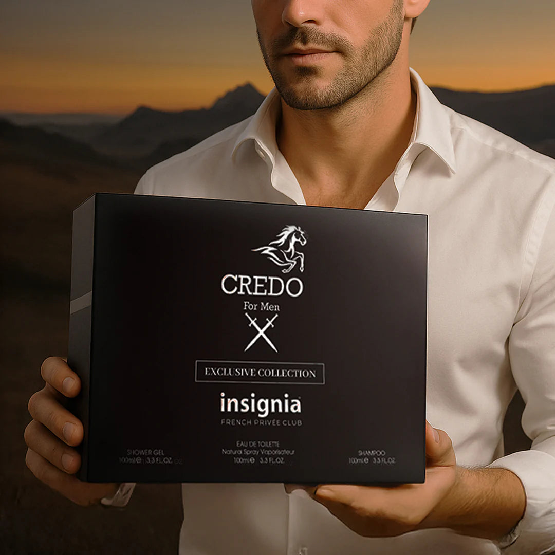 Insignia Credo For Men Exclusive Collection 3-Piece Gift Set – Eau De Toilette, Shower Gel & Shampoo 100ml Each 4pc Set + 1 Full Size Product Worth 25% Value Free