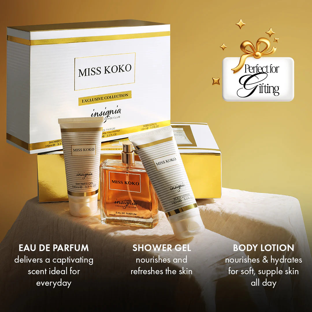 Insignia Miss Koko 3-Piece Gift Set – Eau De Parfum + Shower Gel + Body Lotion 100ml Each 4pc Set + 1 Full Size Product Worth 25% Value Free