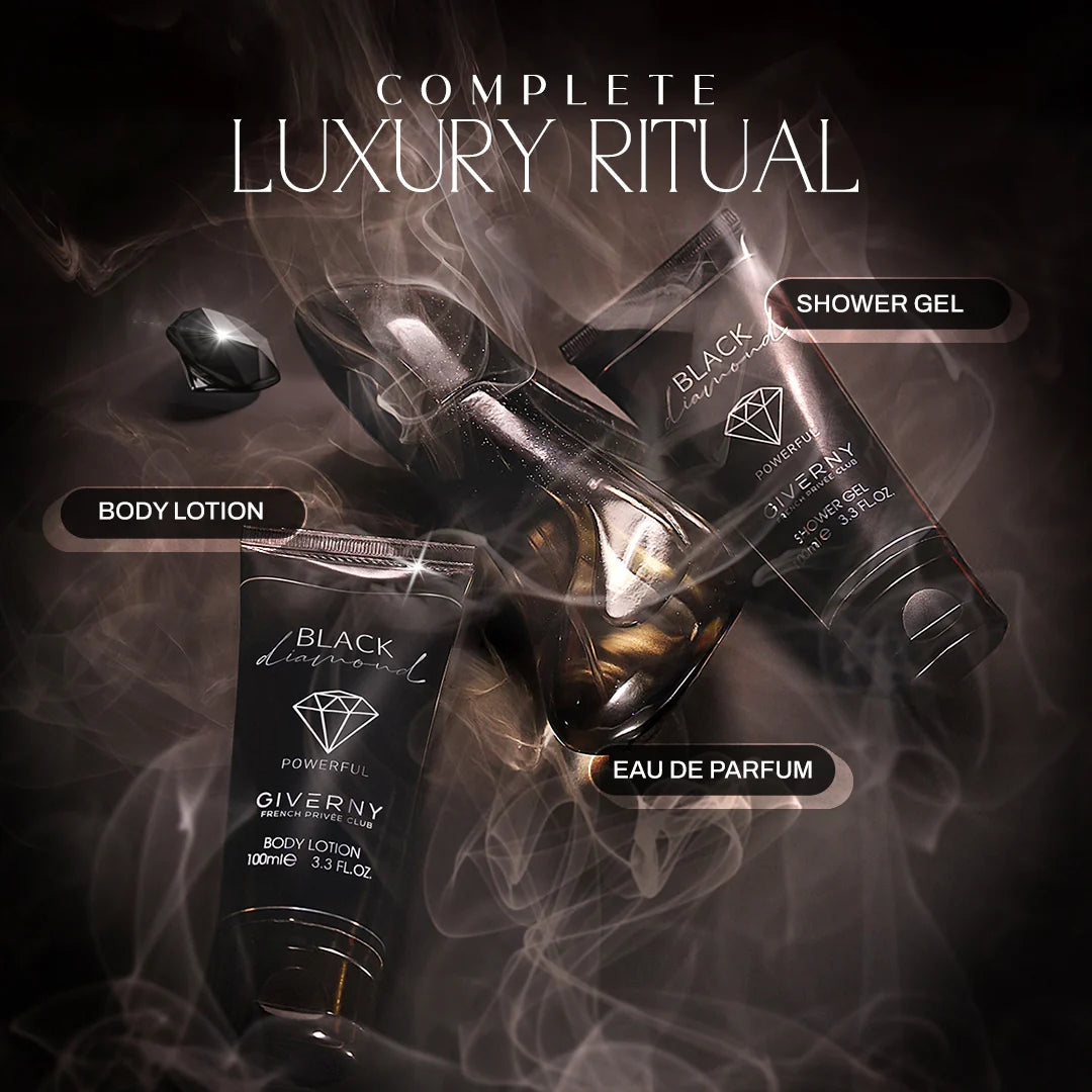 Giverny Black Diamond 3 pcs Gift Set 100 ml Body Lotion, 100 ml Eau De Parfum, 100 ml Shower Gel 4pc Set + 1 Full Size Product Worth 25% Value Free