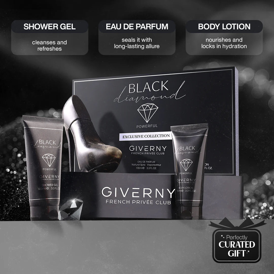 Giverny Black Diamond 3 pcs Gift Set 100 ml Body Lotion, 100 ml Eau De Parfum, 100 ml Shower Gel 4pc Set + 1 Full Size Product Worth 25% Value Free