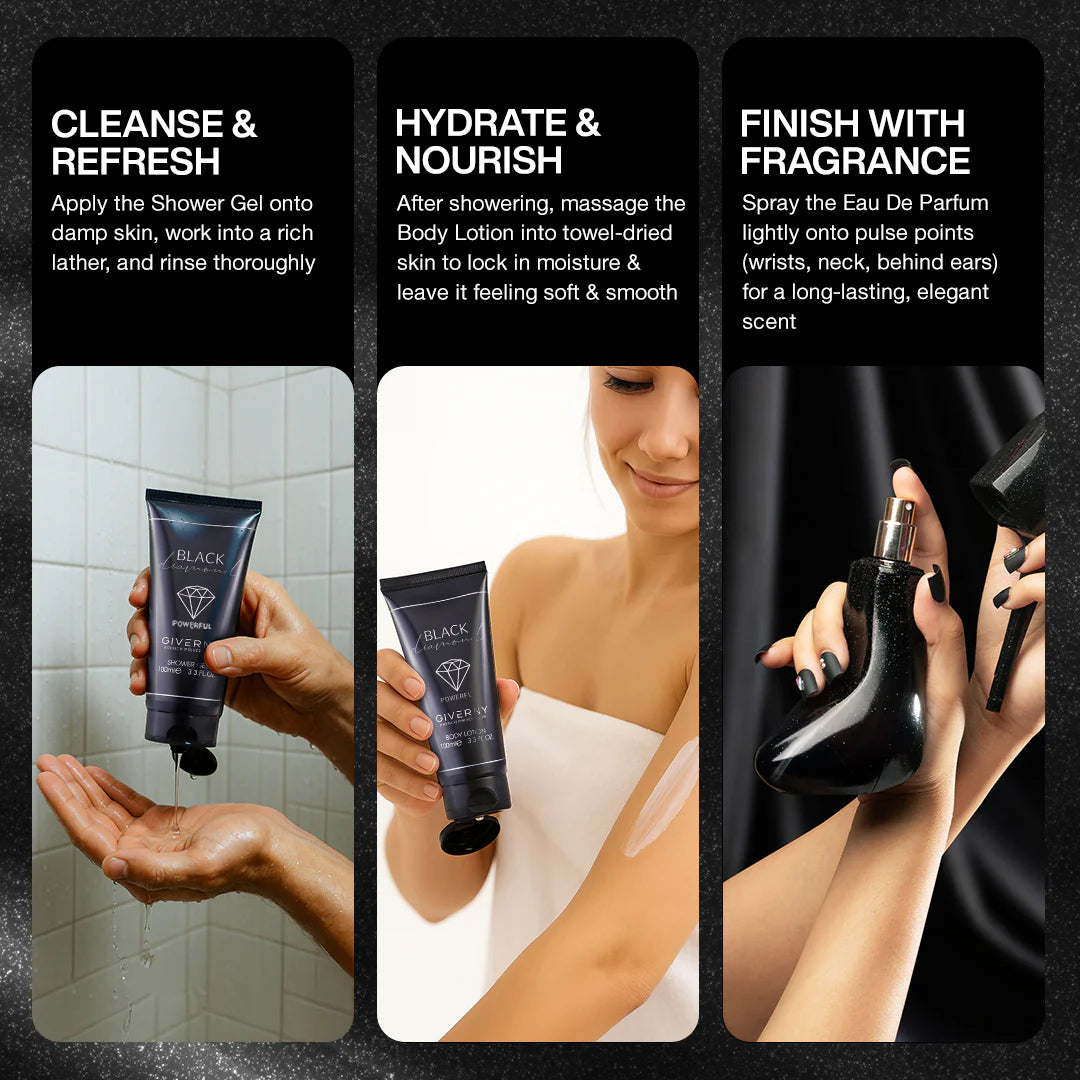 Giverny Black Diamond 3 pcs Gift Set 100 ml Body Lotion, 100 ml Eau De Parfum, 100 ml Shower Gel 4pc Set + 1 Full Size Product Worth 25% Value Free
