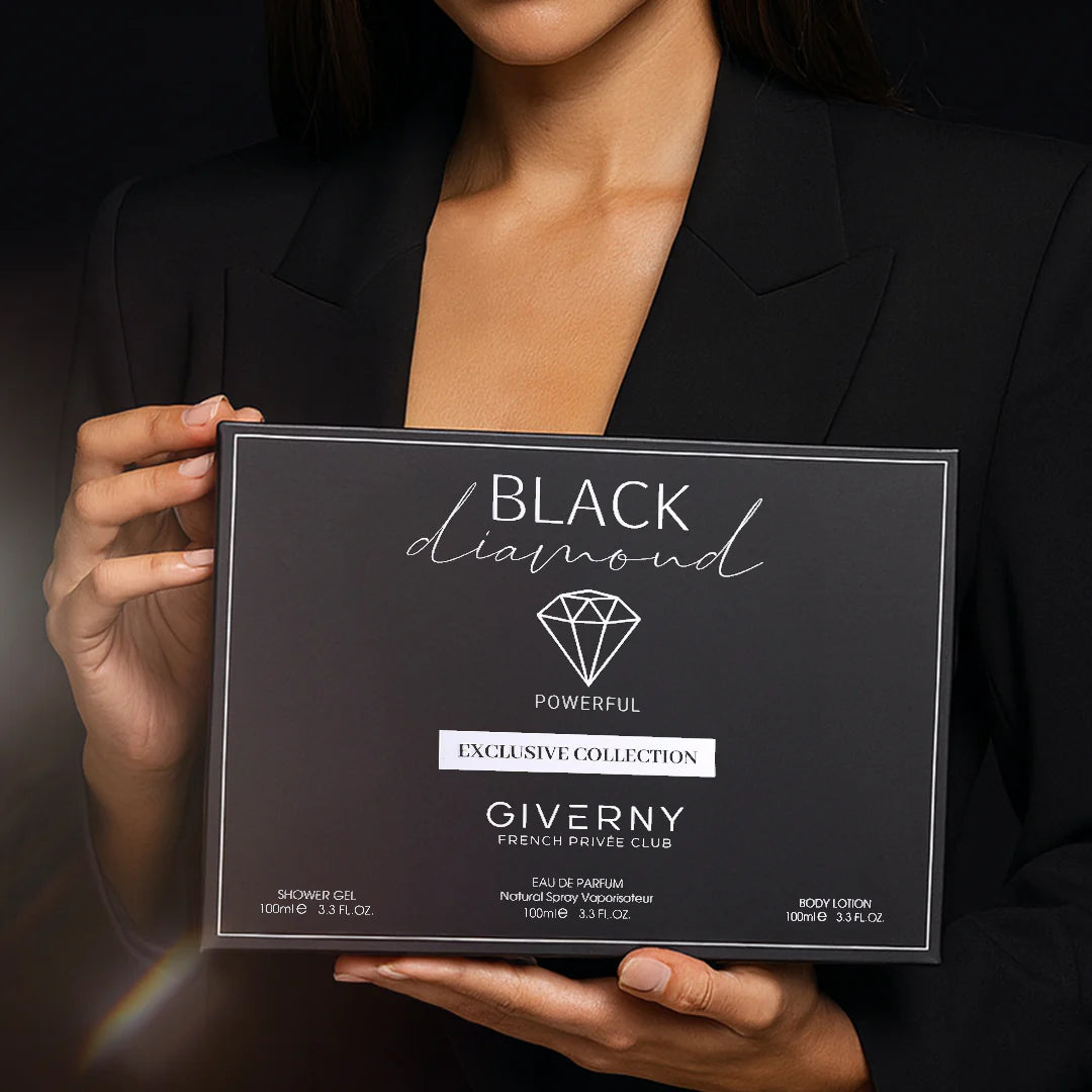 Giverny Black Diamond 3 pcs Gift Set 100 ml Body Lotion, 100 ml Eau De Parfum, 100 ml Shower Gel 4pc Set + 1 Full Size Product Worth 25% Value Free