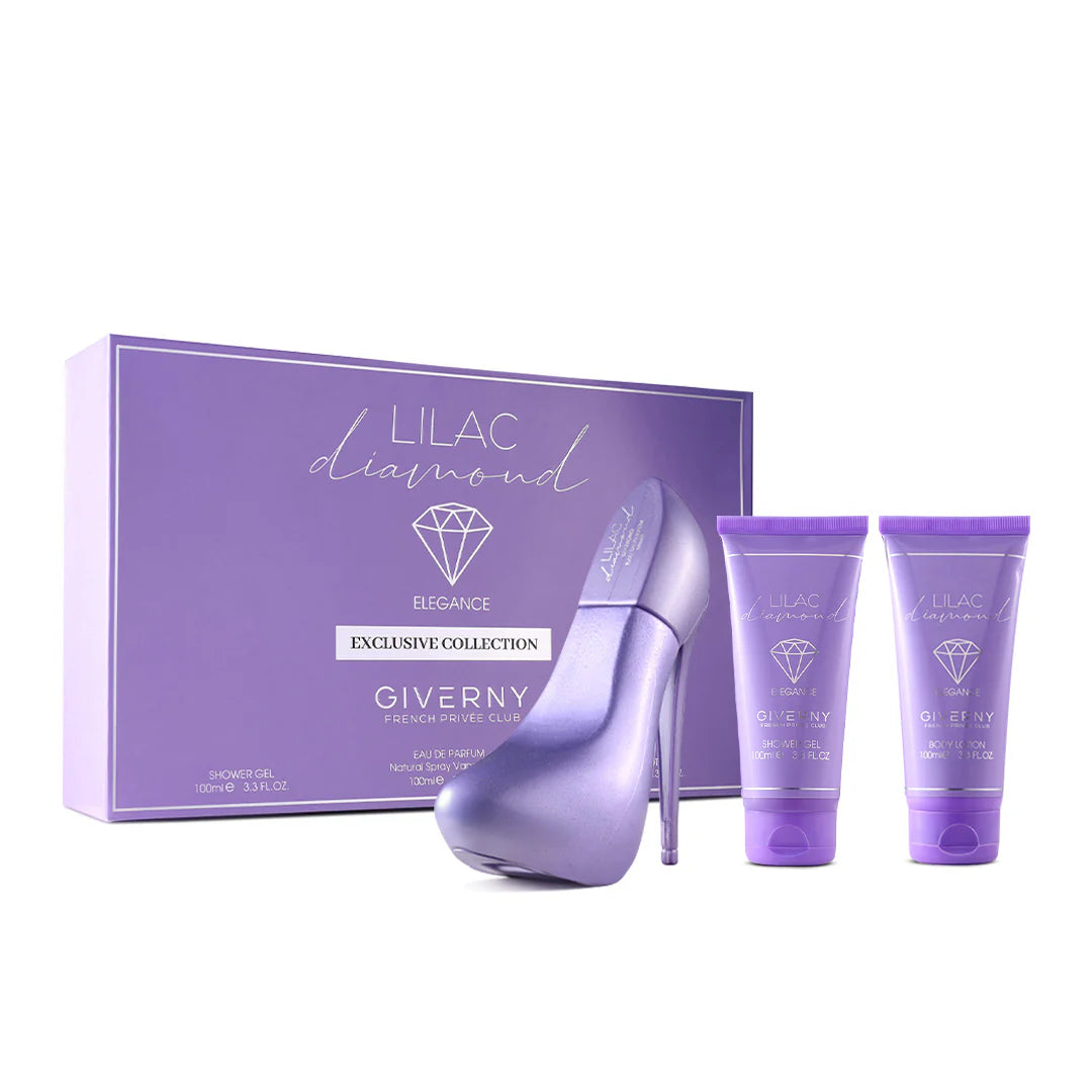 Giverny Lilac Diamond 3 pcs Gift Set 100 ml Body Lotion, 100 ml Eau De Parfum, 100 ml Shower Gel 4pc Set + 1 Full Size Product Worth 25% Value Free