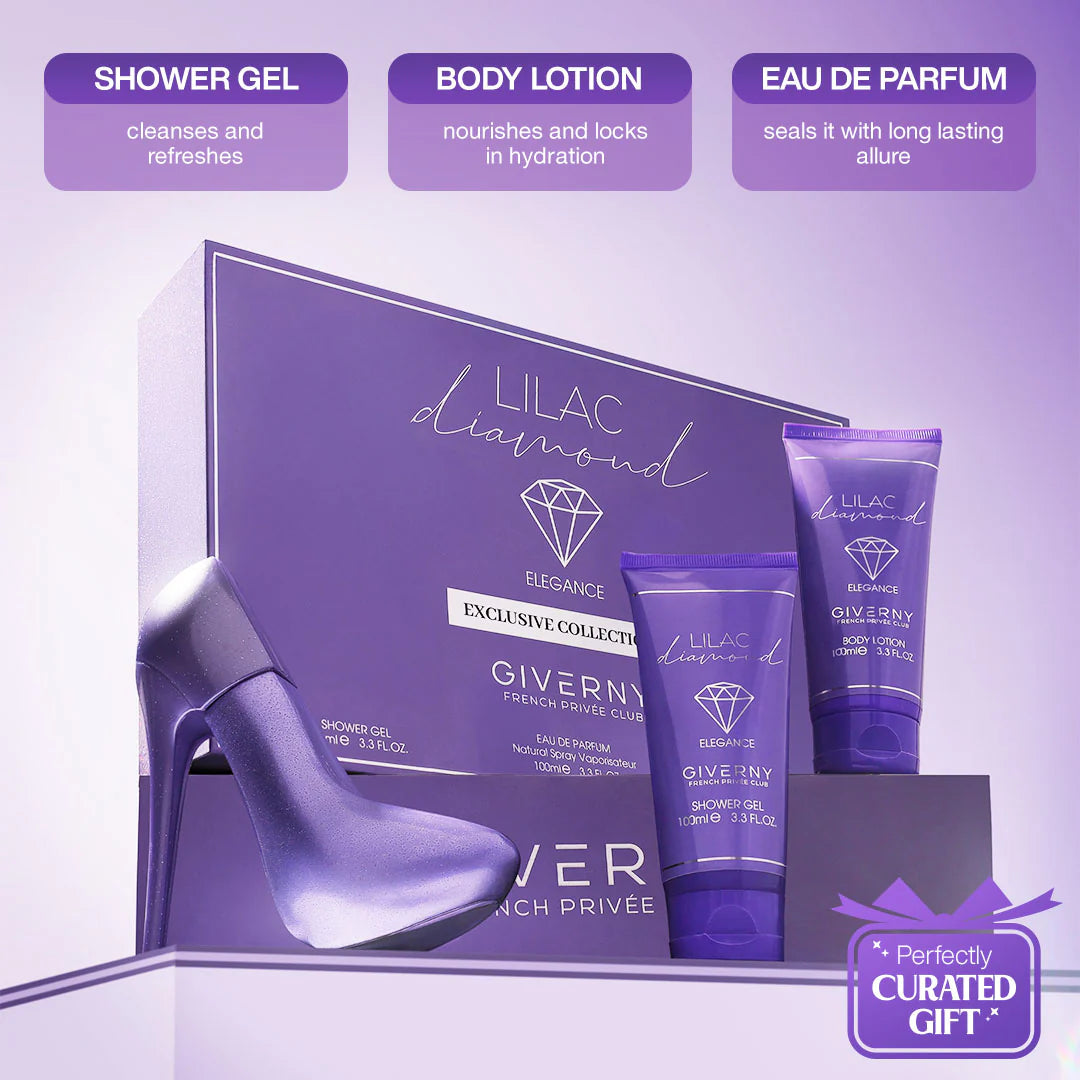 Giverny Lilac Diamond 3 pcs Gift Set 100 ml Body Lotion, 100 ml Eau De Parfum, 100 ml Shower Gel 4pc Set + 1 Full Size Product Worth 25% Value Free