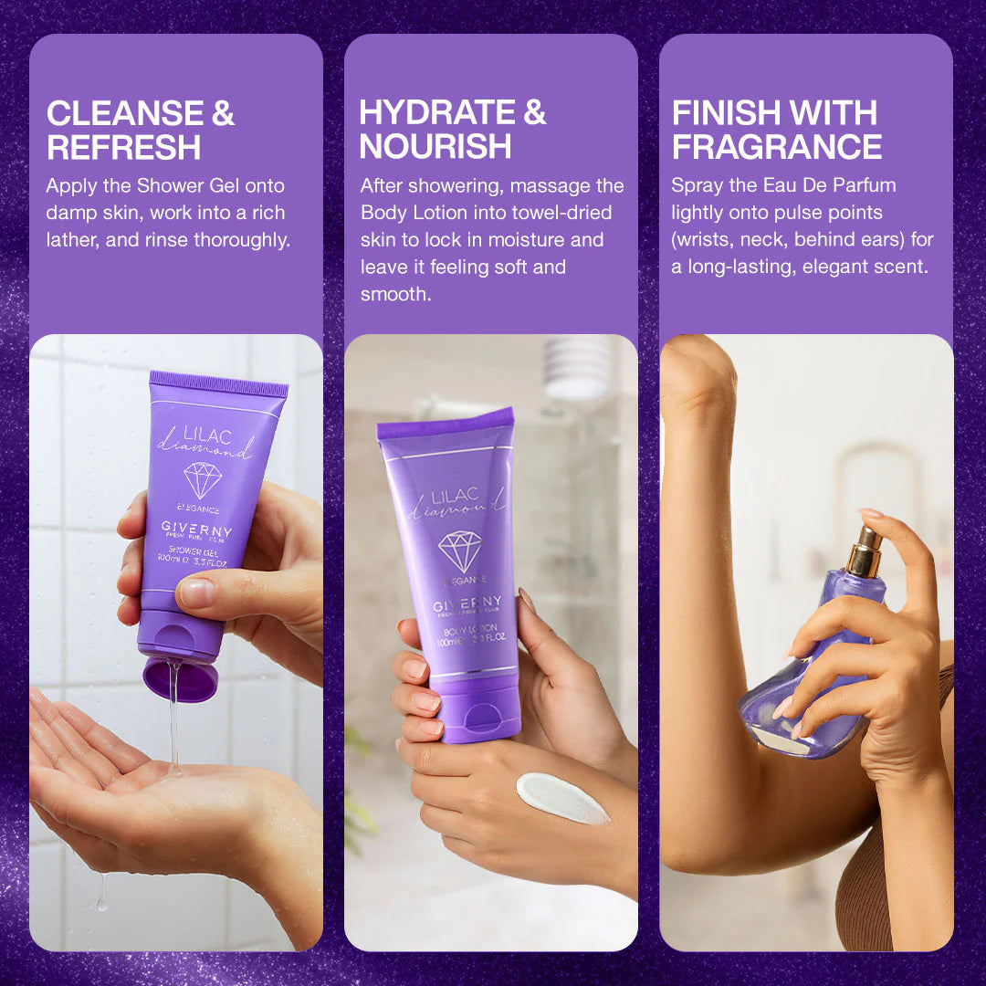 Giverny Lilac Diamond 3 pcs Gift Set 100 ml Body Lotion, 100 ml Eau De Parfum, 100 ml Shower Gel 4pc Set + 1 Full Size Product Worth 25% Value Free