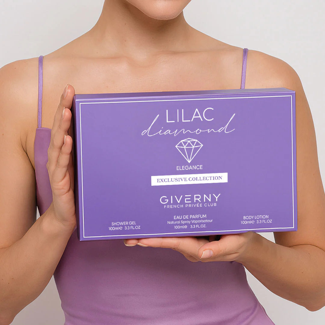 Giverny Lilac Diamond 3 pcs Gift Set 100 ml Body Lotion, 100 ml Eau De Parfum, 100 ml Shower Gel 4pc Set + 1 Full Size Product Worth 25% Value Free