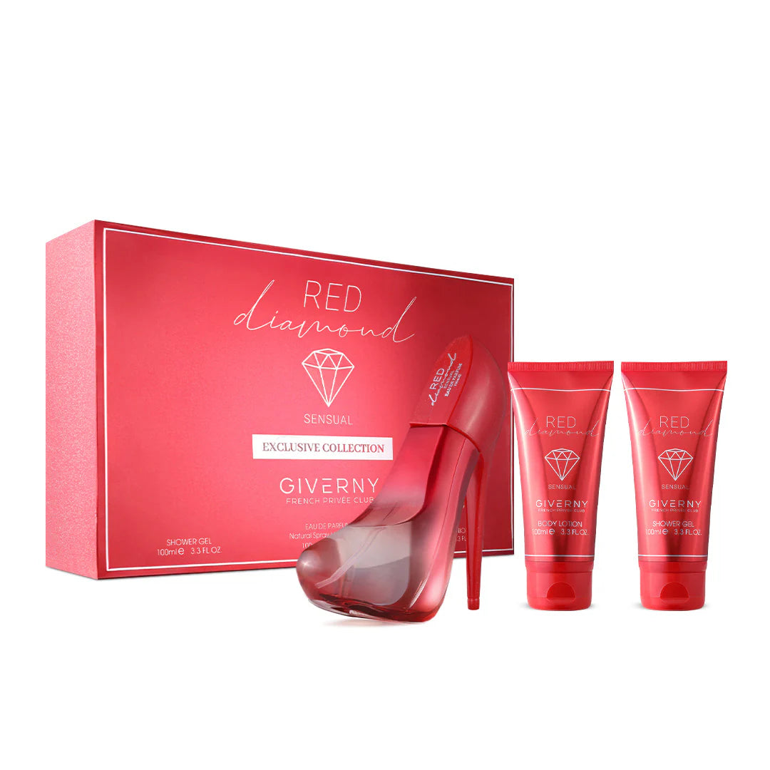 Giverny Red Diamond 3 pcs Gift Set, 100 ml Body Lotion 100 ml Eau De Parfum, 100 ml Shower Gel 4pc Set + 1 Full Size Product Worth 25% Value Free