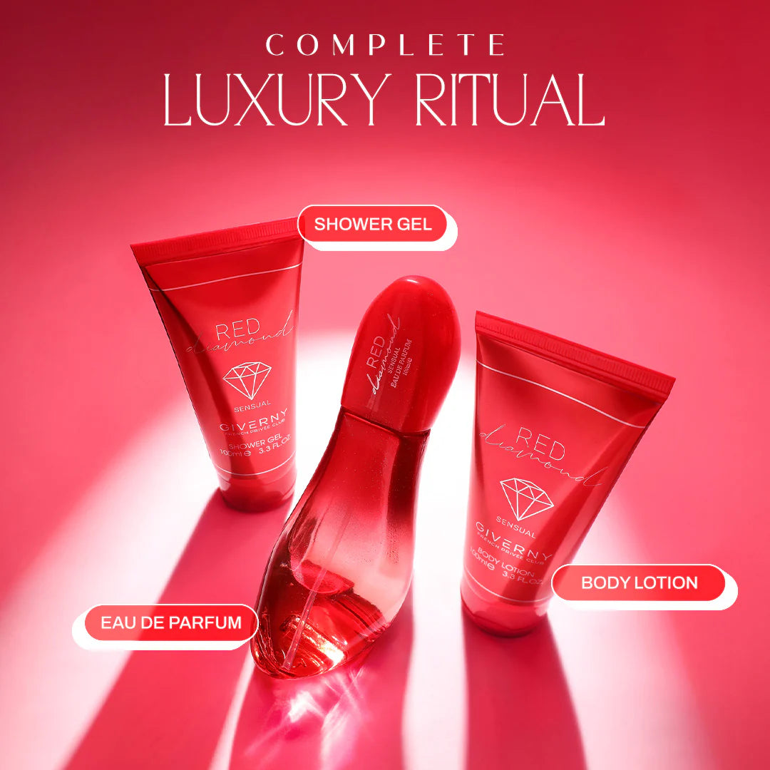 Giverny Red Diamond 3 pcs Gift Set, 100 ml Body Lotion 100 ml Eau De Parfum, 100 ml Shower Gel 4pc Set + 1 Full Size Product Worth 25% Value Free
