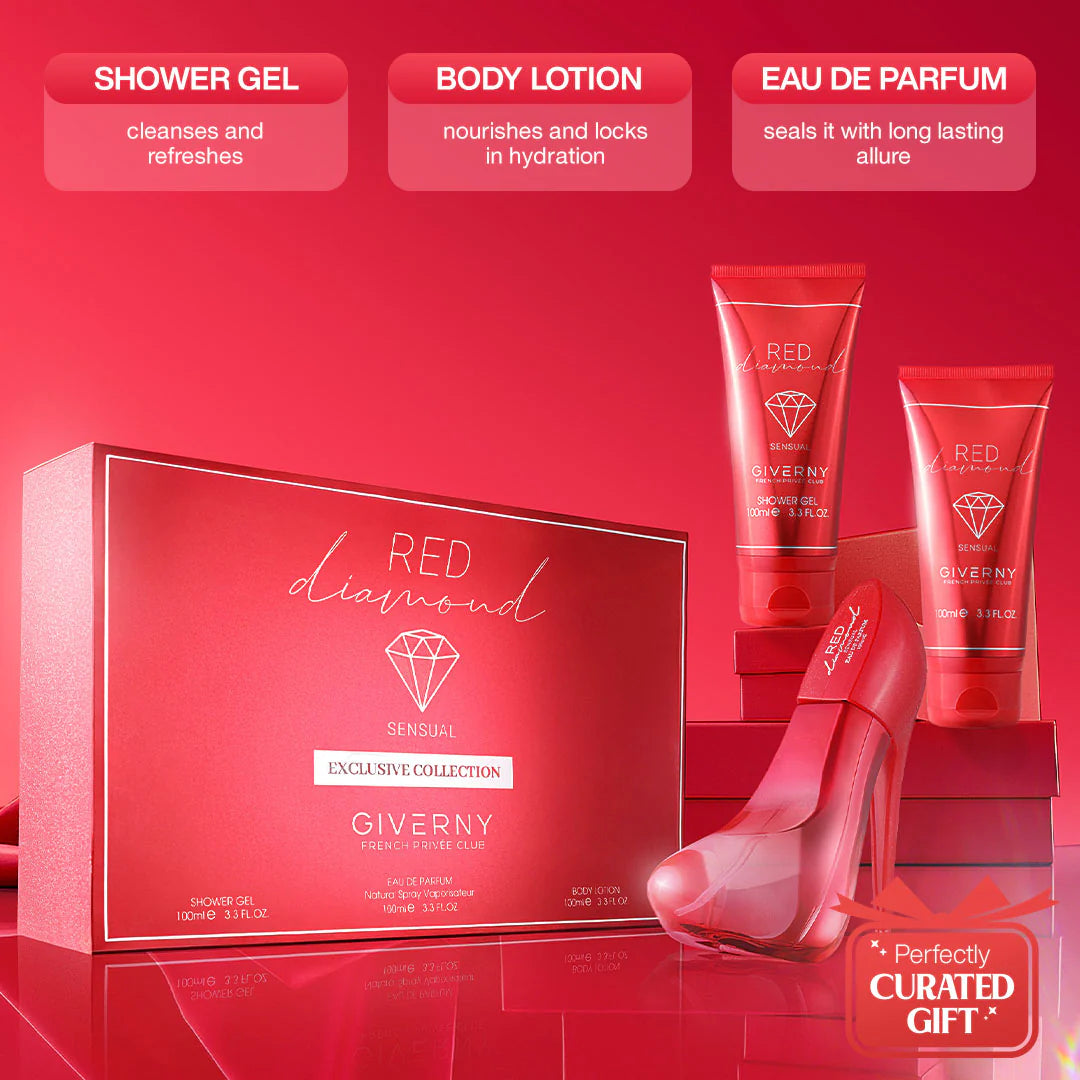 Giverny Red Diamond 3 pcs Gift Set, 100 ml Body Lotion 100 ml Eau De Parfum, 100 ml Shower Gel 4pc Set + 1 Full Size Product Worth 25% Value Free