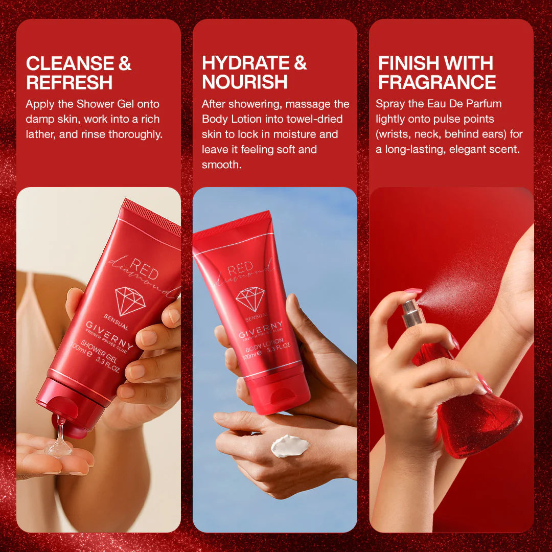 Giverny Red Diamond 3 pcs Gift Set, 100 ml Body Lotion 100 ml Eau De Parfum, 100 ml Shower Gel 4pc Set + 1 Full Size Product Worth 25% Value Free
