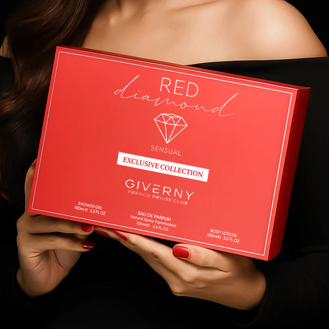 Giverny Red Diamond 3 pcs Gift Set, 100 ml Body Lotion 100 ml Eau De Parfum, 100 ml Shower Gel 4pc Set + 1 Full Size Product Worth 25% Value Free
