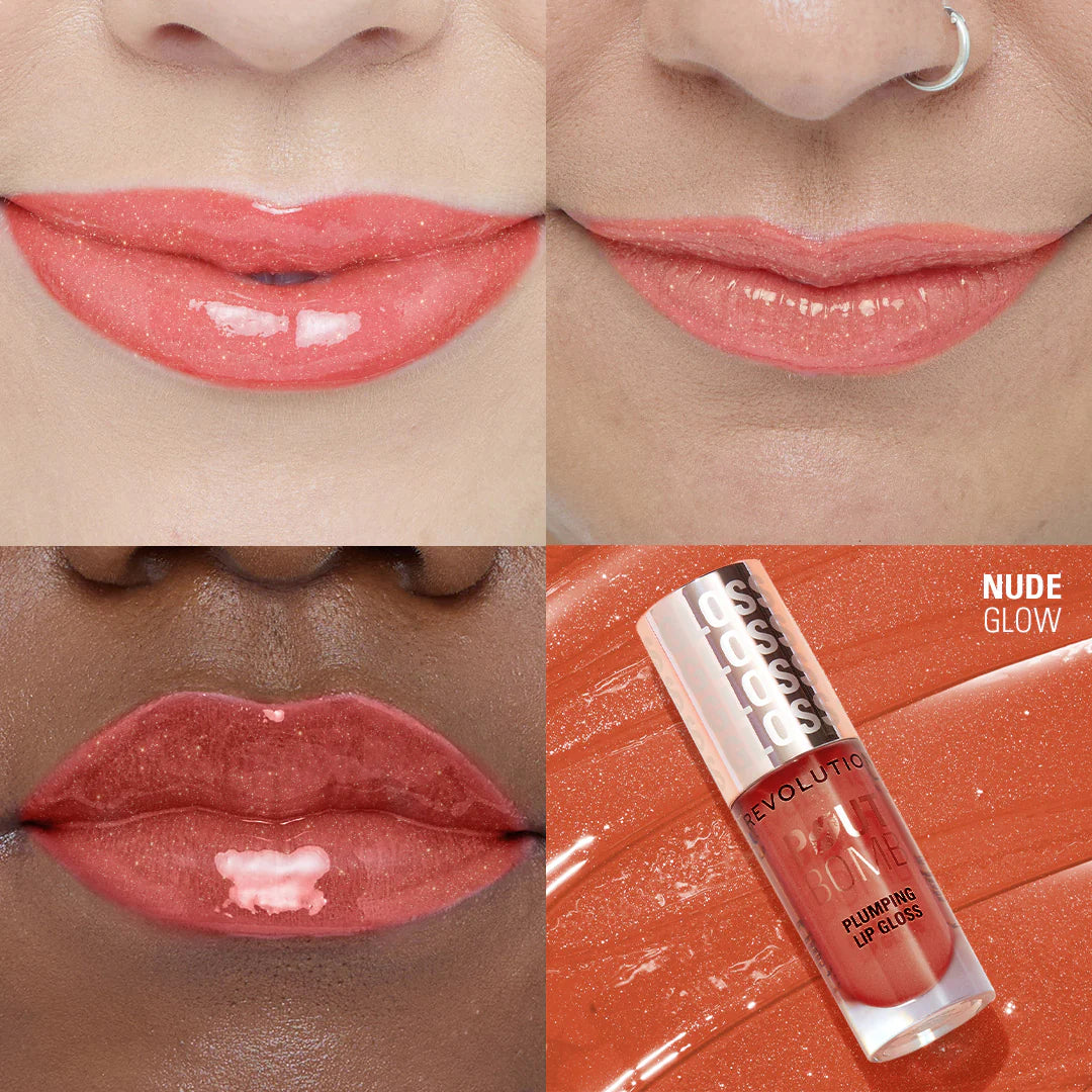 Makeup Revolution Pout Bomb Shimmer Gloss Nude Glow 4pc Set + 1 Full Size Product Worth 25% Value Free
