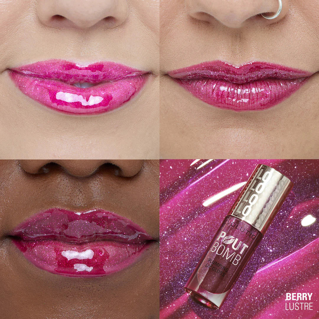 Makeup Revolution Pout Bomb Shimmer Gloss Berry Lustre 4pc Set + 1 Full Size Product Worth 25% Value Free