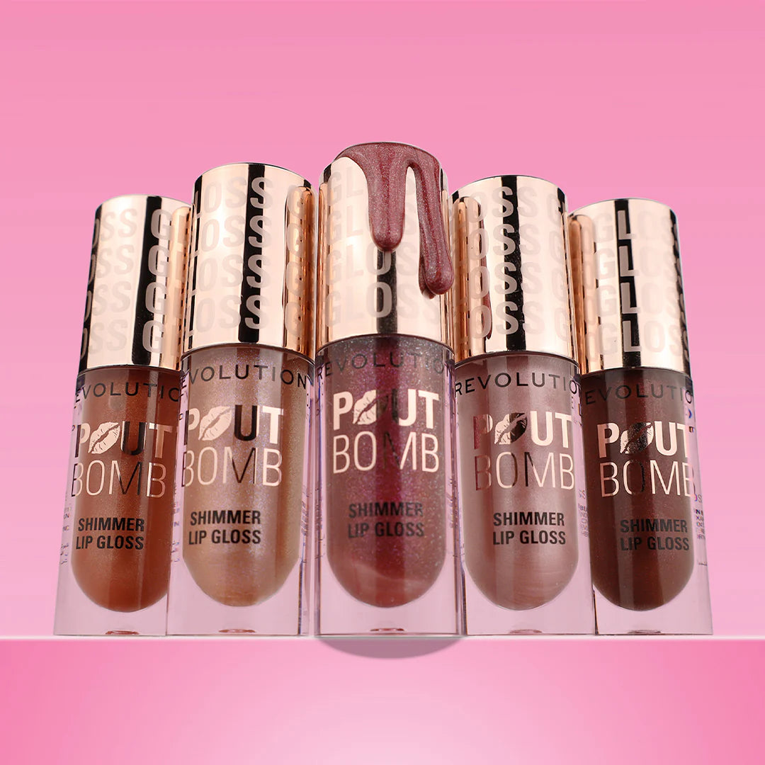 Makeup Revolution Pout Bomb Shimmer Gloss Chocolate Sparkle 4pc Set + 1 Full Size Product Worth 25% Value Free