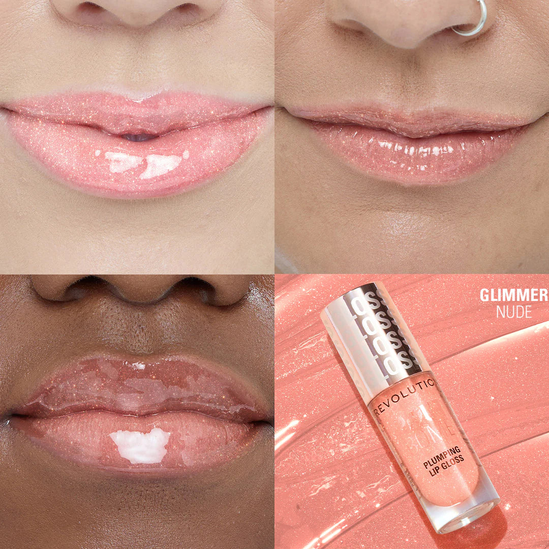 Makeup Revolution Pout Bomb Shimmer Gloss Glimmer Nude 4pc Set + 1 Full Size Product Worth 25% Value Free