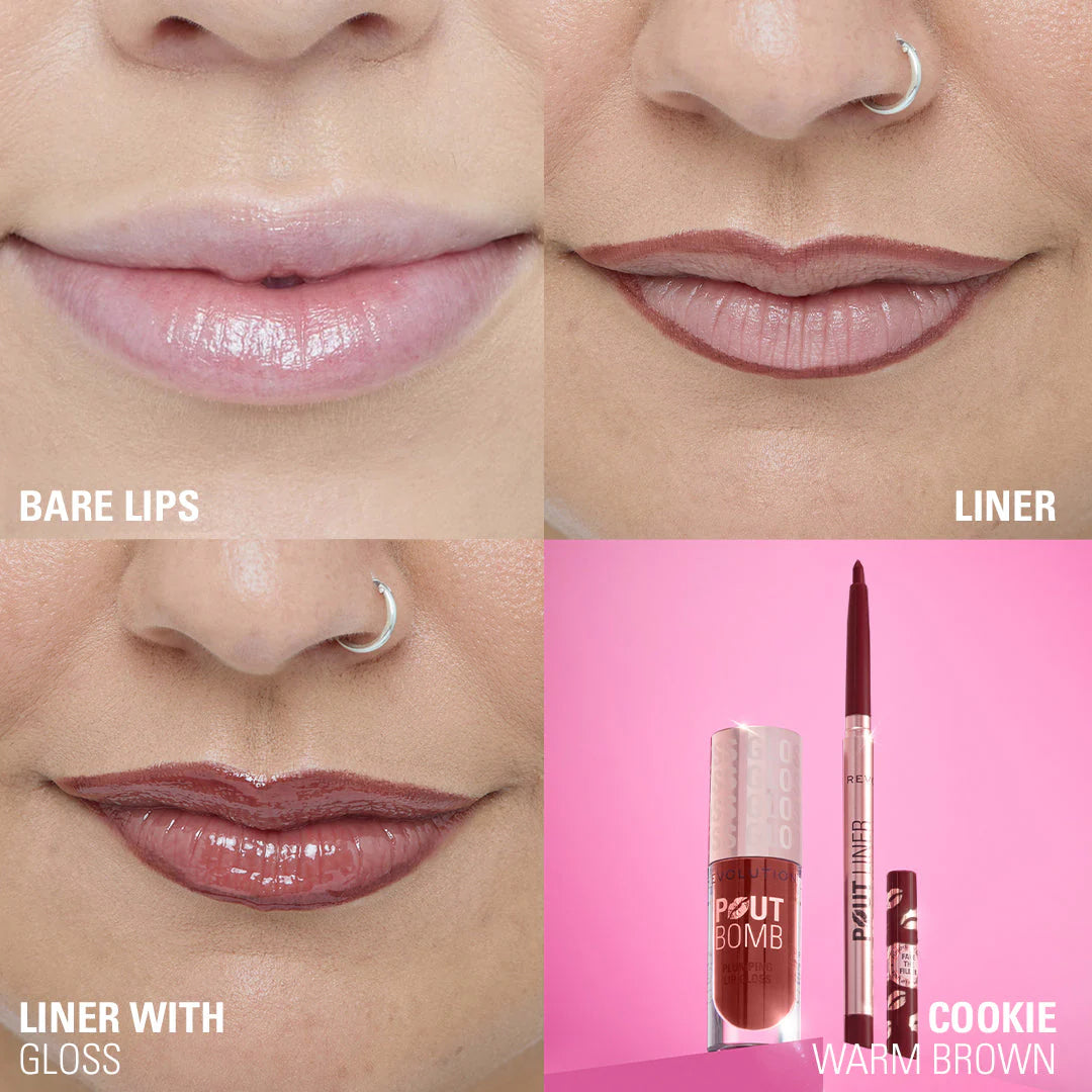 Makeup Revolution Pout Bomb Plumping Lip Liner Cookie Warm Brown 4pc Set + 1 Full Size Product Worth 25% Value Free