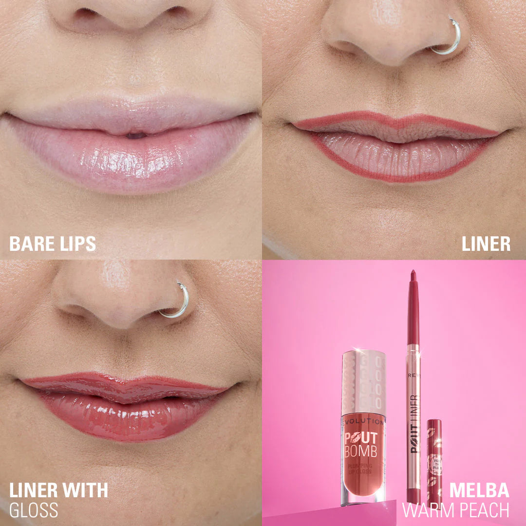 Makeup Revolution Pout Bomb Plumping Lip Liner Melba Warm Peach 4pc Set + 1 Full Size Product Worth 25% Value Free