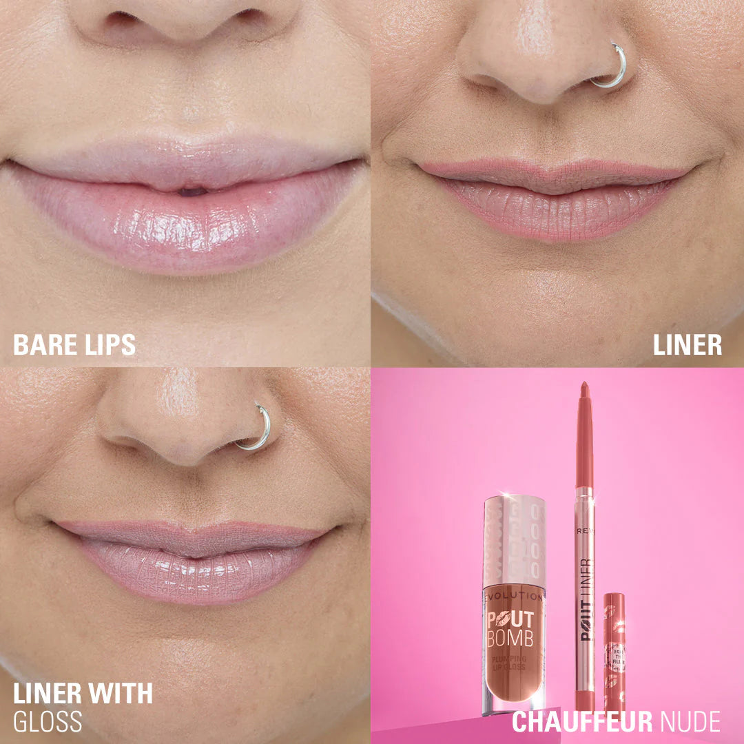 Makeup Revolution Pout Bomb Plumping Lip Liner Chauffeur Nude 4pc Set + 1 Full Size Product Worth 25% Value Free