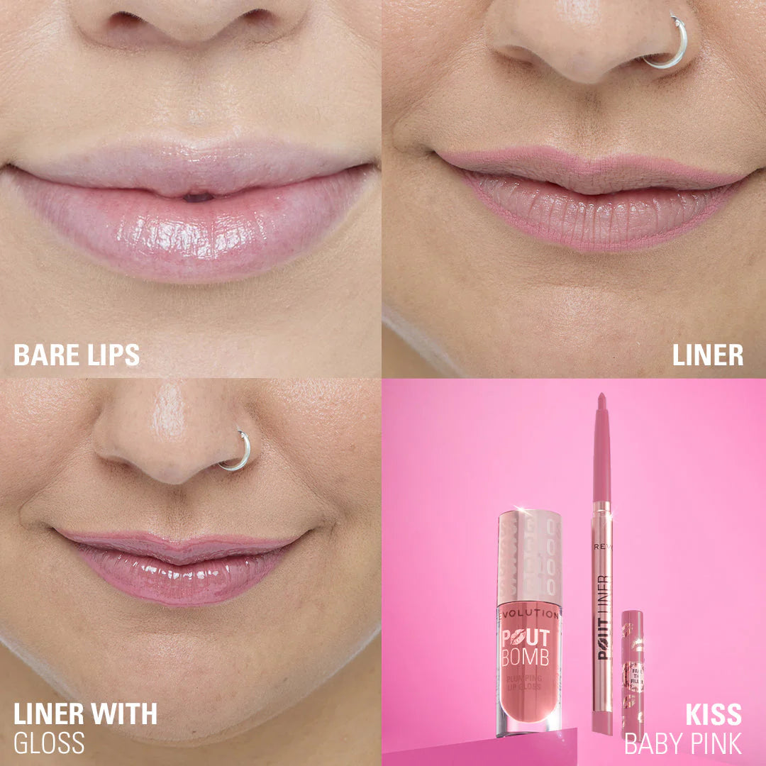 Makeup Revolution Pout Bomb Plumping Lip Liner Kiss Baby Pink 4pc Set + 1 Full Size Product Worth 25% Value Free