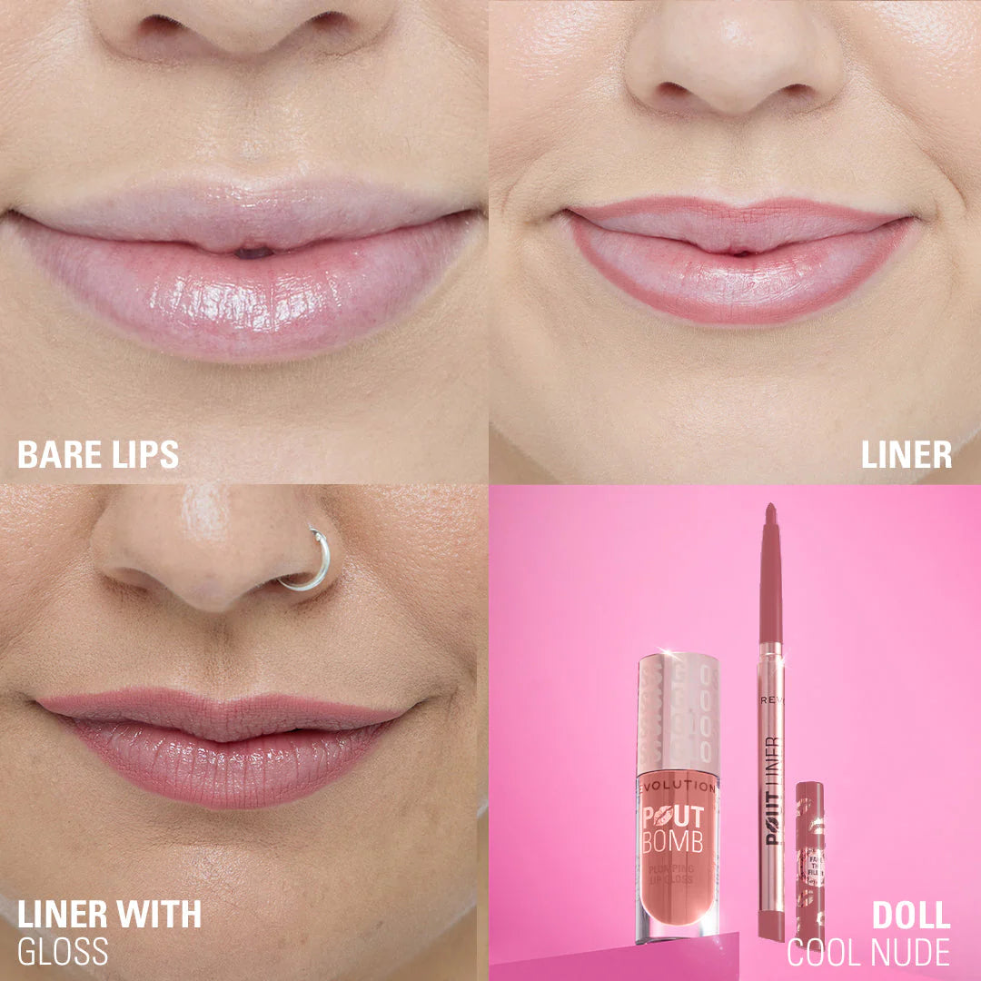 Makeup Revolution Pout Bomb Plumping Lip Liner Doll Cool Nude 4pc Set + 1 Full Size Product Worth 25% Value Free
