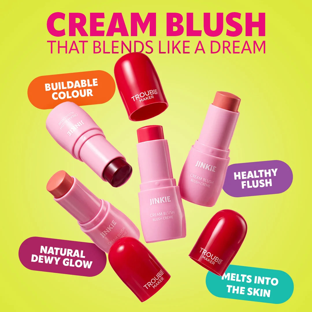 Trouble Maker Jinkie Stick Cream Blush Mood Swing Pink 4pc Set + 1 Full Size Product Worth 25% Value Free
