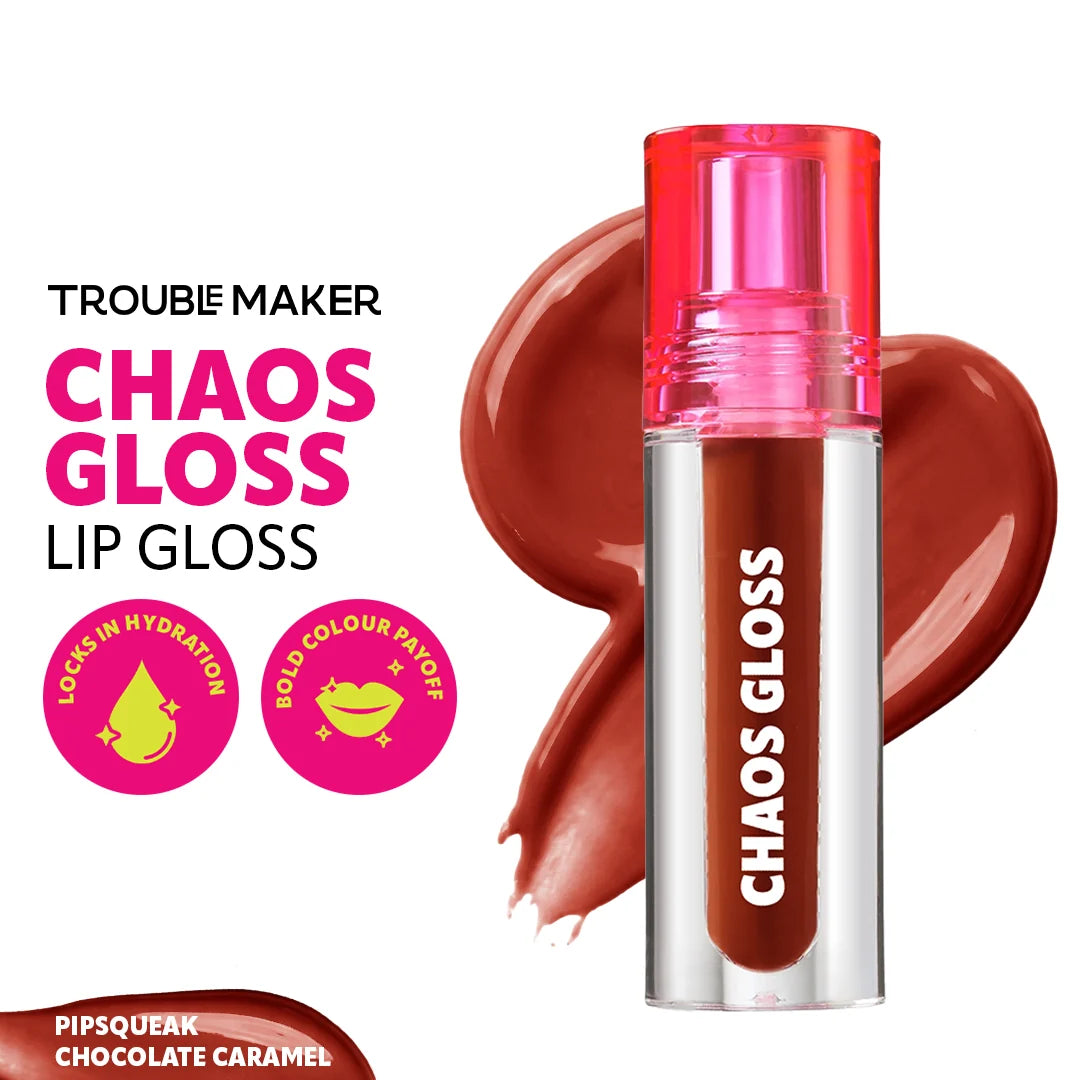 Trouble Maker Chaos Gloss Lipgloss Pipsqueak Chocolate Caramel 4pc Set + 1 Full Size Product Worth 25% Value Free