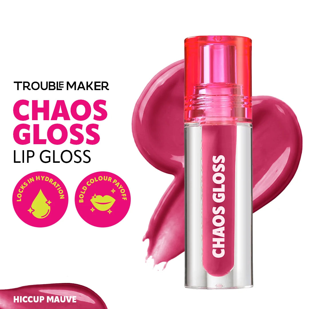 Trouble Maker Chaos Gloss Lipgloss Hiccup Mauve 4pc Set + 1 Full Size Product Worth 25% Value Free
