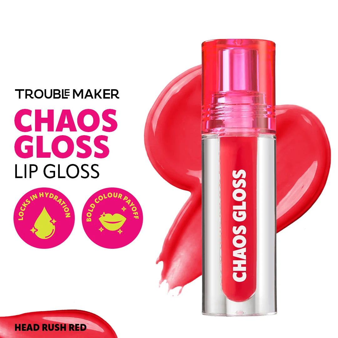 Trouble Maker Chaos Gloss Lipgloss Head Rush Red 4pc Set + 1 Full Size Product Worth 25% Value Free