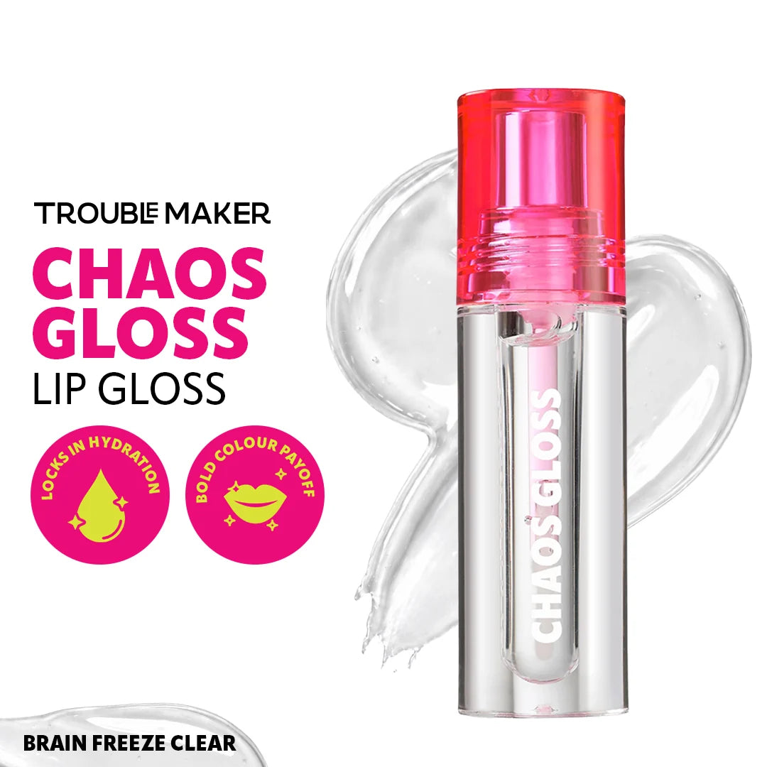 Trouble Maker Chaos Gloss Lipgloss Brain Freeze Clear 4pc Set + 1 Full Size Product Worth 25% Value Free