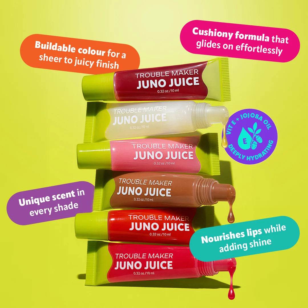 Trouble Maker Juno Juice Lipgloss Stevie Pink 4pc Set + 1 Full Size Product Worth 25% Value Free