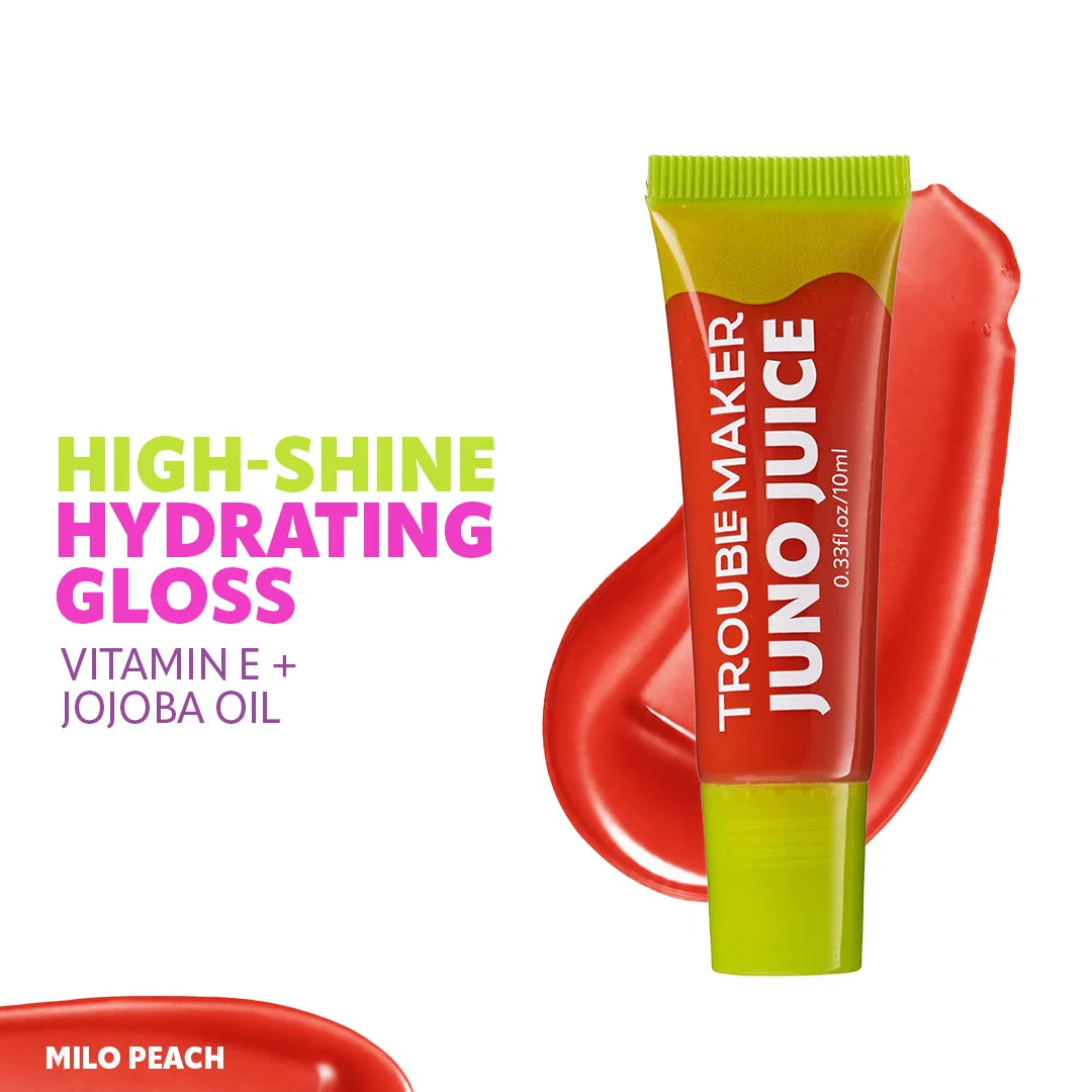 Trouble Maker Juno Juice Lipgloss Milo Peach 4pc Set + 1 Full Size Product Worth 25% Value Free