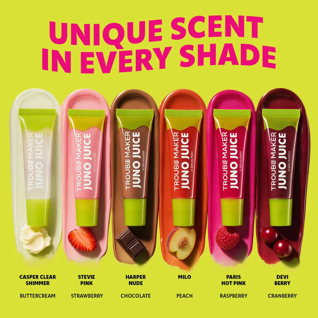 Trouble Maker Juno Juice Lipgloss Milo Peach 4pc Set + 1 Full Size Product Worth 25% Value Free